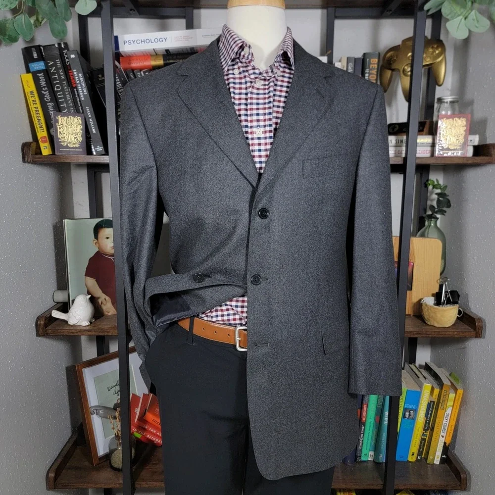 Hart Schaffner‎ Marx Men's Flannel Sport Coat Blazer Three Button Gray Wool 42R